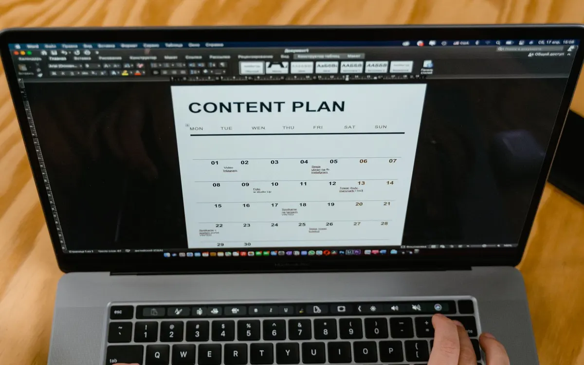 Laptop showing a monthly content plan calendar
