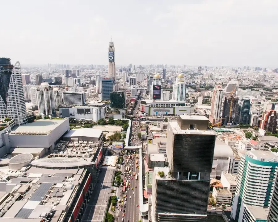 Aerial view of the Bangkok skyline in Thailand with Baiyoke Tower