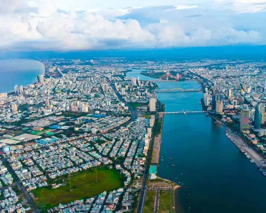 Aerial view of the Han River and the city of Da Nang, Vietnam