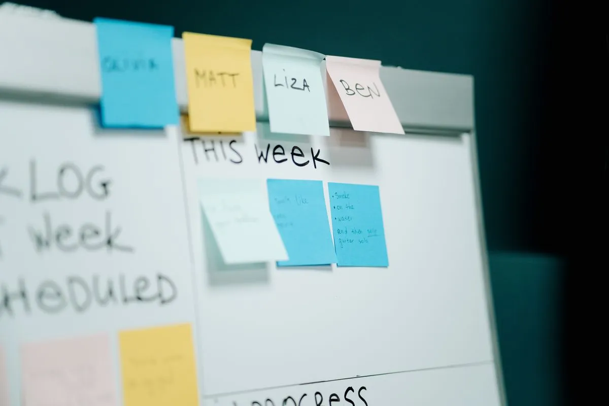 Whiteboard with sticky notes planning the week by team member