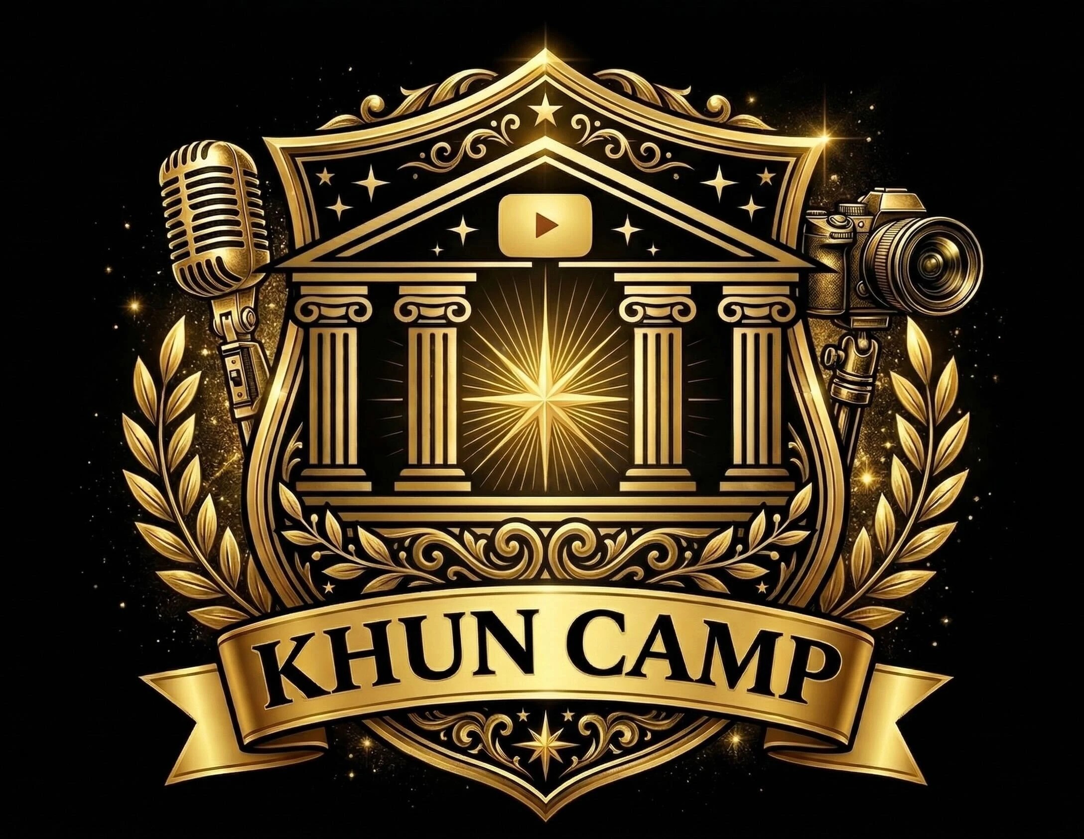 Khun Camp gold badge on a black background