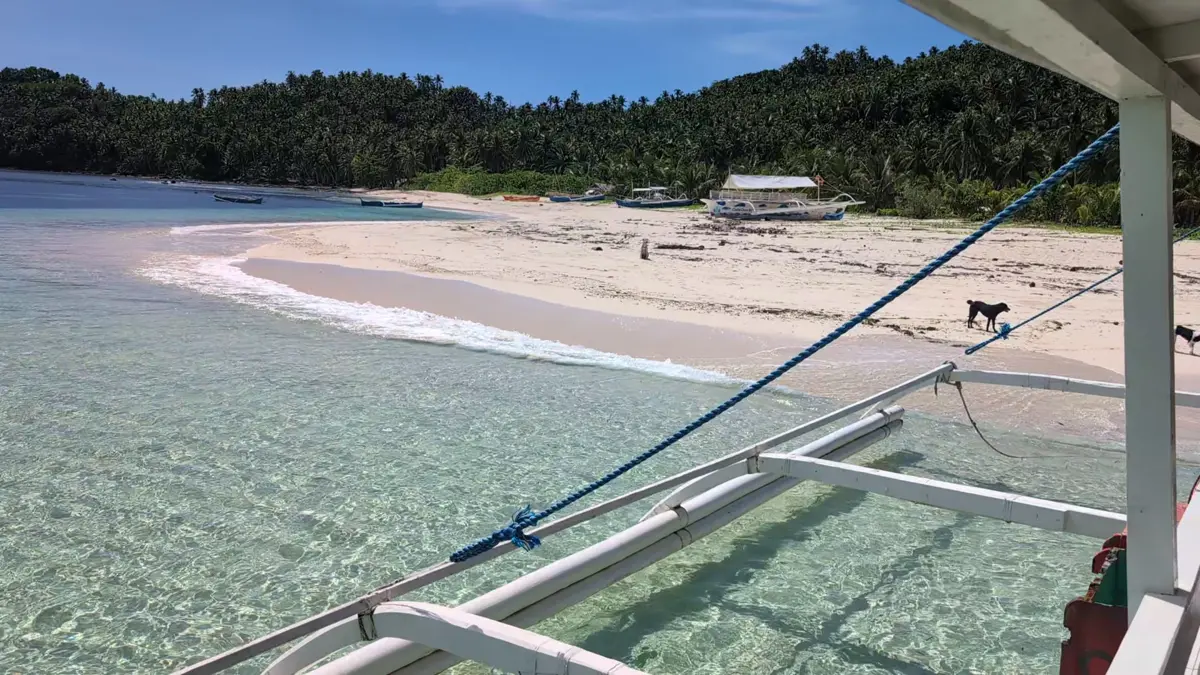 Clear shallow water and a white beach seen from the edge of a boat